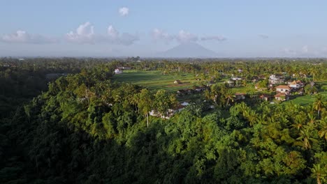 Drone-soars-above-Bali's-lush-countryside,-revealing-a-distant-mountain-on-the-background,-capturing-the-island's-natural-beauty