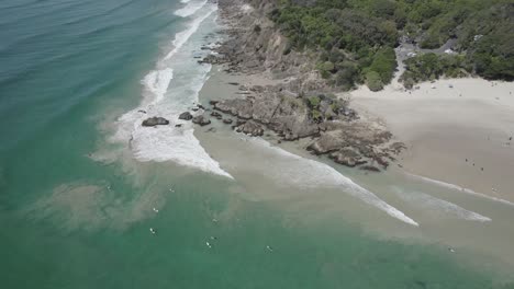 The-Pass-With-Clarkes-Beach-In-New-South-Wales,-Australia---aerial-shot
