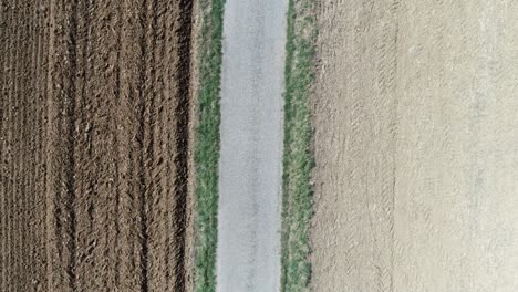 Aerial-drone-shot-of-a-pebbled-road-in-between-farm-fields