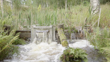 River-water-overflows-wooden-weir-used-to-build-natural-pond,-hydrology