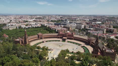 Seville,-Spain,-aerial-view-of-Plaza-de-Espana-and-Sevilla-cityscape