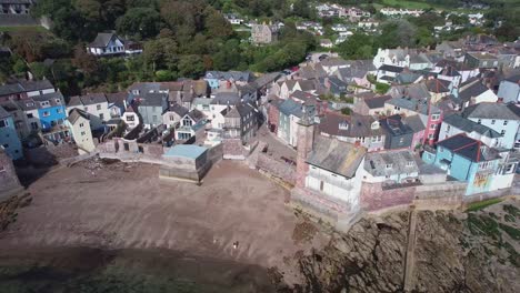 Aerial-View-Over-Kingsands-Village-in-Cornwall-with-Historical-Buildings,-UK