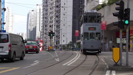 Kinoaufnahme-Der-Belebten-Straßen-Von-Hongkong-Mit-Traditioneller-Doppeldecker-Straßenbahn,-Auto,-Bus-Und-Menschen-Mit-Skyline-Gebäuden-Im-Hintergrund