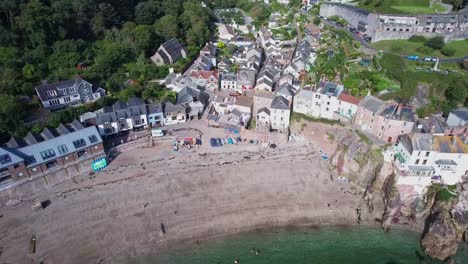 Quaint-Coastal-Village-in-Cornwall-with-Pristine-Beach,-Kingsands,-Aerial-Drone
