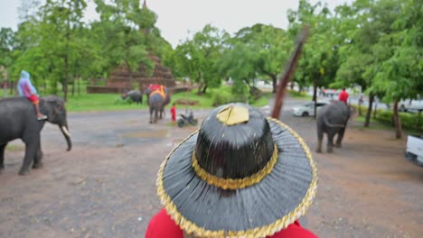 Riding-on-the-back-of-an-elephant-that-is-guided-by-a-mahout---an-elephant-trainer,-tourists-are-having-a-tour-of-Ayutthaya-Historical-Park-in-Thailand
