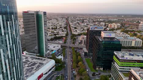 Aviatiei-Neighborhood,-Bucharest-Business-District,-Romania---Sunset-Aerial-View