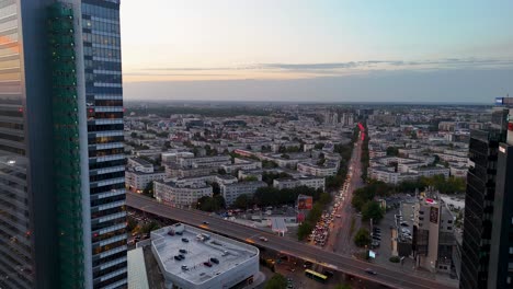 Sunset-Aerial-View-Of-Bucharest-Business-District,-Aviatiei-Neighborhood,-City-Skyline,-Romania