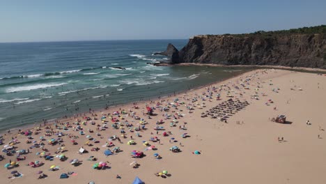 Flying-Over-Sunny-Day-At-Beautiful-Beach-With-Cliffs-In-Costa-Vicentina,-Alentejo,-Portugal