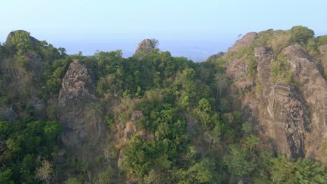 Luftaufnahme-Zeigt-Waldbäume,-Die-In-Vulkanischer-Landschaft-Vor-Blauem-Himmel-In-Indonesien-Wachsen