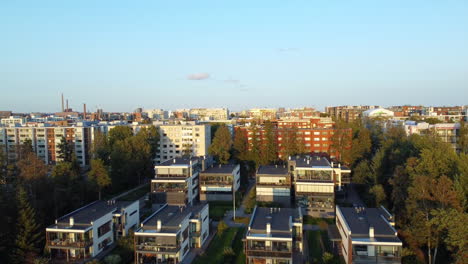 Aerial-view-of-streets-in-downtown-Lauttasaari,-summer-day-in-Helsinki,-Finland