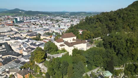 Vista-Aérea-Sobre-El-Monasterio-De-Los-Capuchinos-En-Salzburgo,-Austria