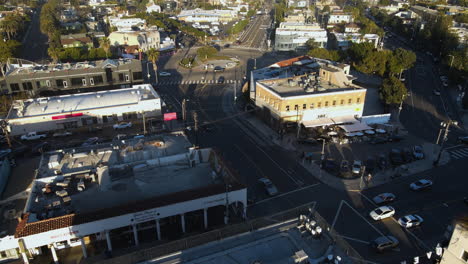 Aerial-view-over-the-cityscape,-sunny-evening-in-Venice,-Los-Angeles,-CA,-USA