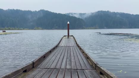 Holzsteg-Am-See-Mit-Der-Landschaft-Eines-Mystischen-Waldes-Im-Nebel-In-Oregon