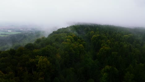 Aerial-drone-forward-moving-shot-over-green-forest-along-hilly-terrain-on-a-foggy-morning