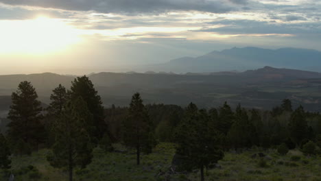 Luftaufnahme-Rückwärts-Tief-über-Hochlandwald,-Bewölkter-Sonnenuntergang-In-Utah,-USA