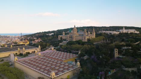 Drone-Ascending-Parallax-Above-Museu-Nacional-D\'art-De-Catalunya-At-Golden-Hour