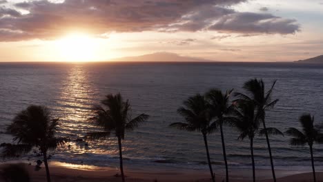Low-close-up-aerial-dolly-shot-across-palm-trees-lining-the-beach-at-Wailea-with-the-island-of-Lanai-in-the-background-at-sunset-in-Hawai'i