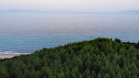 Aufschlussreiche-Drohne-über-Nadelwaldbäumen,-Mittelmeerhintergrund,-Sonnenuntergang