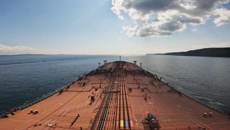 Timelapse-oil-tanker-bow-Dardanelles-strait-canakkale-crossing-turkey-sunny-day