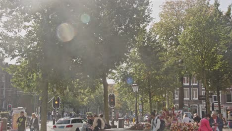 Tilt-down-to-People-sitting-on-Amsterdam-gay-monument-on-a-sunny-day