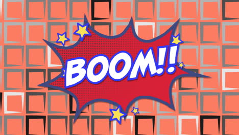 Animation-Von-Boom-Text-Auf-Retro-Sprechblase-über-Reihen-Von-Quadraten-Auf-Orangefarbenem-Hintergrund