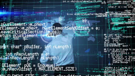 Animation-Der-Datenverarbeitung-über-Einen-Geschäftsmann-Mithilfe-Eines-Interaktiven-Bildschirms-Mit-Weltkarte