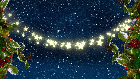 Digitale-Animation-Von-Schnee,-Der-über-Sternförmige-Lichterketten-Und-Weihnachtsdekoration-Fällt