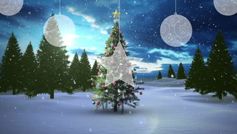 Animation-Von-Schnee,-Der-über-Den-Weihnachtsbaum-In-Der-Winterlandschaft-Fällt