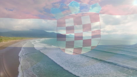 Composición-Digital-De-La-Bandera-De-Croacia-Ondeando-Contra-La-Vista-Aérea-De-Las-Olas-En-El-Mar