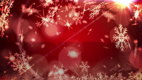 Animation-of-christmas-snow-falling-over-christmas-decorations-on-red-background