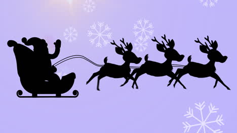 Santa-claus-in-sleigh-being-pulled-by-reindeers-over-snowflakes-falling-against-purple-background