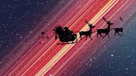 Animation-of-snow-falling-over-santa-claus-in-sleigh-with-reindeer-on-colorful-background