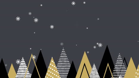 Animation-of-snow-falling-and-christmas-trees-over-grey-background