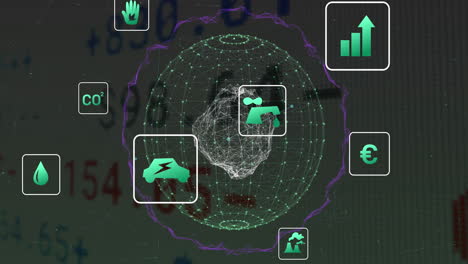 Animation-Von-Symbolen-Für-Ökologie-Und-Grüne-Energie-über-Dem-Globus-Der-Verbindungen