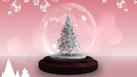 Animation-of-falling-stars-over-snow-globe-with-christmas-tree-on-pink-background