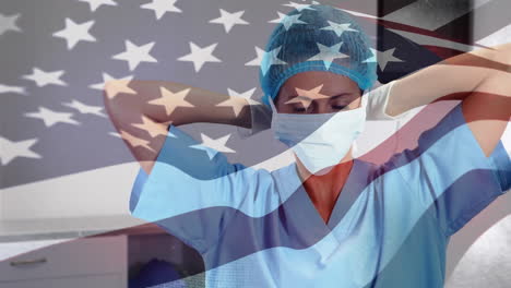 Animation-of-flag-of-usa-waving-over-surgeon-in-face-masks