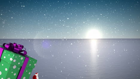 Animation-of-santa-claus-carrying-huge-christmas-gift-and-snow-falling-in-winter-landscape