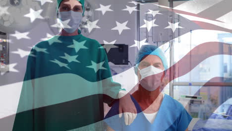 Animation-of-flag-of-usa-waving-over-surgeons-in-operating-theatre