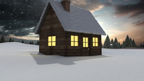 Animation-Von-Schnee,-Der-In-Einer-Winterlandschaft-über-Das-Haus-Fällt