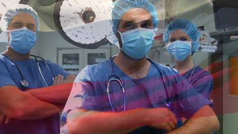 Animation-of-flag-of-russia-waving-over-surgeons-in-operating-theatre