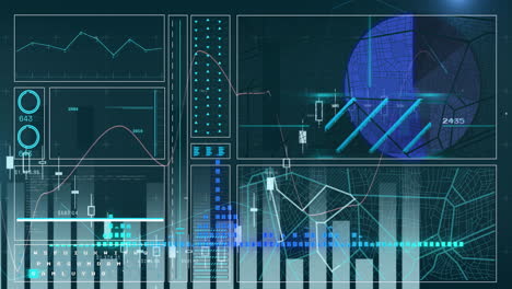 Animation-of-data-processing-and-diagrams-over-black-background