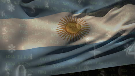 Animation-of-symbols-and-numbers-over-flag-of-argentina-against-trading-board-in-background