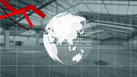 Animation-Roter-Liniendiagramme,-Die-Sich-Auf-Dem-Globus-Bewegen,-Mit-Gittern-Vor-Dem-Gebäudeinneren