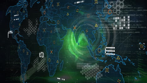 Animation-of-world-map-and-data-processing-against-ticking-clock-and-green-spot-of-light