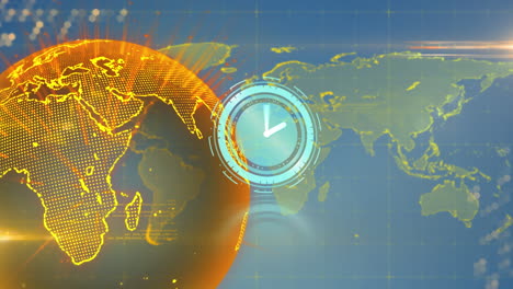 Animation-Einer-Tickenden-Neonuhr-über-Einem-Sich-Drehenden-Globus-Und-Einer-Weltkarte-Vor-Blauem-Hintergrund
