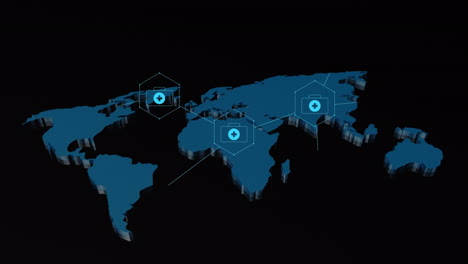 Animation-of-continents-with-medical-icons-and-data-processing-on-black-background