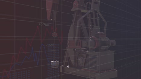 Animation-of-financial-data-processing-with-graph-over-pumpjack-on-black-background