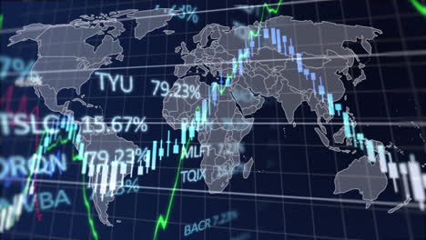 Animation-Von-Finanzdaten-Und-Diagramm-über-Der-Weltkarte-Auf-Marineblauem-Hintergrund