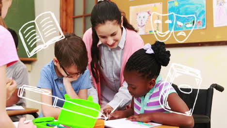 Animación-De-Dibujos-Escolares-Sobre-Diversas-Maestras-Y-Alumnos-En-La-Escuela