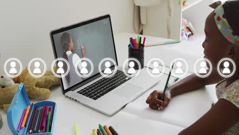 Network-of-profile-icons-over-diverse-female-doctor-falling-patient-on-woman-using-laptop